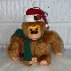 Vintage Festive Plush Monkey with Santa Hat and Scarf Christmas Fun World